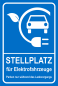Preview: Parkplatzschild im Hochformat  Dibond grundfarbig Blau mit weißem Symbol und Text Stellplatz für E Fahrzeuge